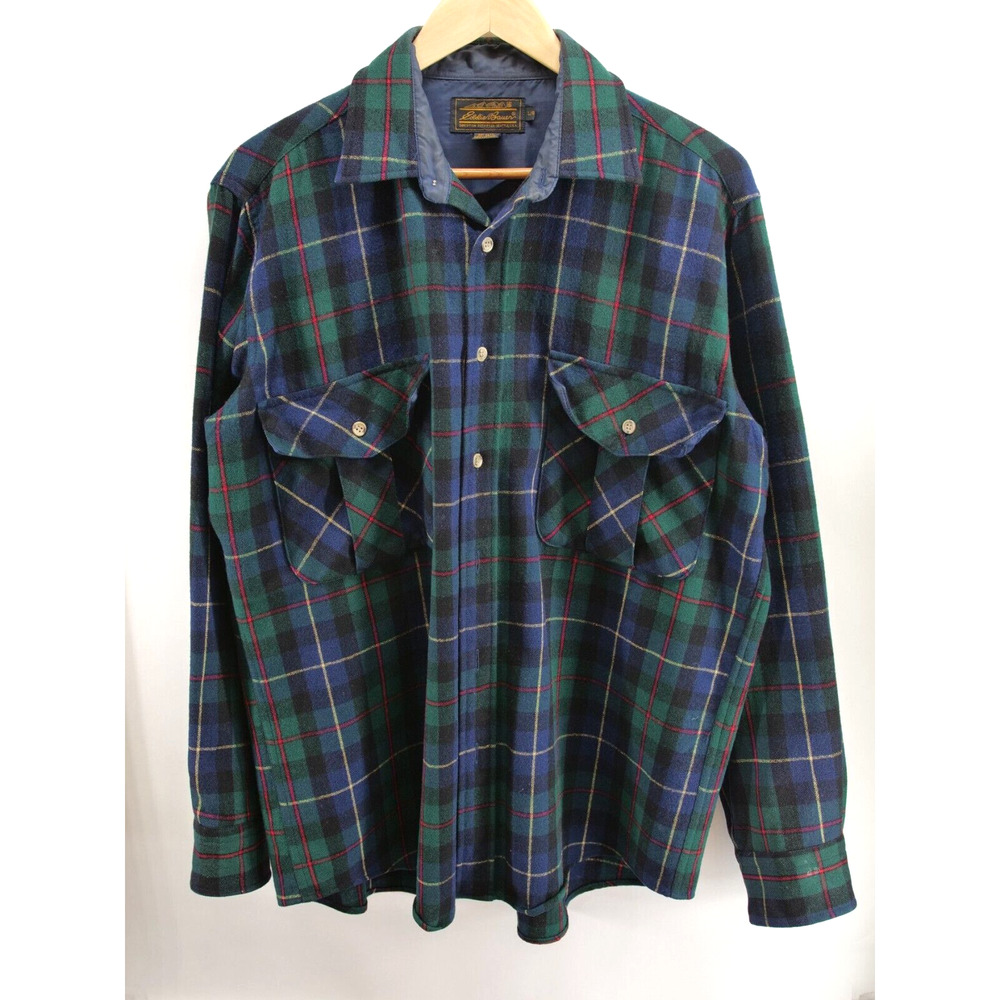 Button Up Eddie Bauer 100% Wool Plaid  Mens‎ L Green Navy Long Sleeve Vintage